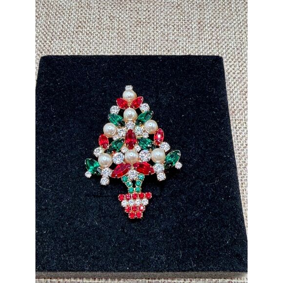 Vintage Eisenberg Ice Christmas Tree Brooch Rhinestones & Faux Pearls Signed - Picture 8 of 8